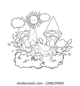 mermaid with unicorn and castle in cloud