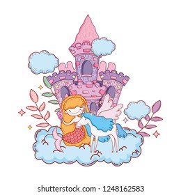 mermaid with unicorn and castle in cloud