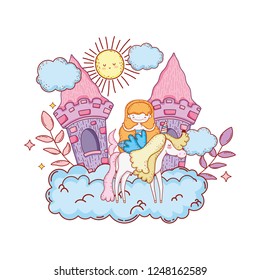 mermaid with unicorn and castle in cloud