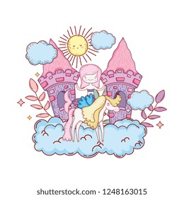 mermaid with unicorn and castle in cloud