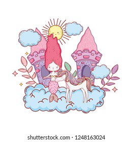 mermaid with unicorn and castle in cloud