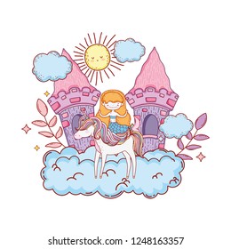 mermaid with unicorn and castle in cloud