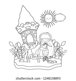 mermaid with unicorn and castle in the landscape