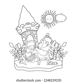 mermaid with unicorn and castle in the landscape