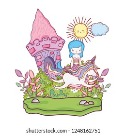 mermaid with unicorn and castle in the landscape
