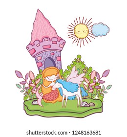 mermaid with unicorn and castle in the landscape