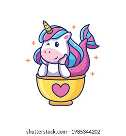 Mermaid Unicorn in Cup with Cute Pose. Animal Vector Icon Illustration, Isolated on Premium Vector