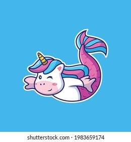 Mermaid Unicorn with Cute Pose. Animal Vector Icon Illustration, Isolated on Premium Vector