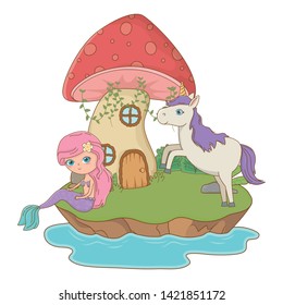 Mermaid and unicorn of fairytale design vector illustration