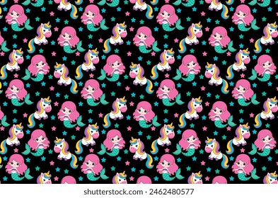 mermaid and unicorn pattern, cute illustration for backgrounds and textures, teens and children's, prints