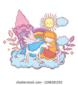 mermaid with unicorn and rainbow in cloud