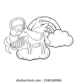 mermaid with unicorn and rainbow in clouds