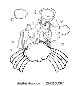 mermaid with unicorn and rainbow in clouds