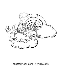 mermaid with unicorn and rainbow in clouds