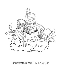 mermaid with unicorn and rainbow in clouds