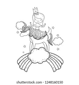 mermaid with unicorn and rainbow in clouds