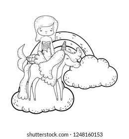 mermaid with unicorn and rainbow in clouds