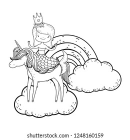 mermaid with unicorn and rainbow in clouds