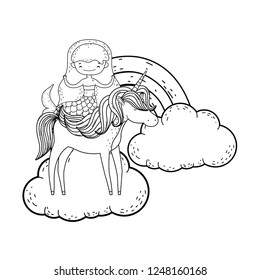 mermaid with unicorn and rainbow in clouds