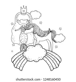 mermaid with unicorn and rainbow in clouds