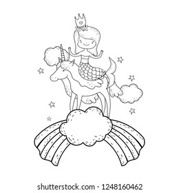 mermaid with unicorn and rainbow in clouds
