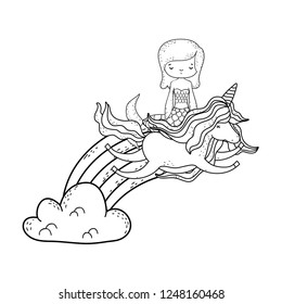 mermaid with unicorn and rainbow in clouds