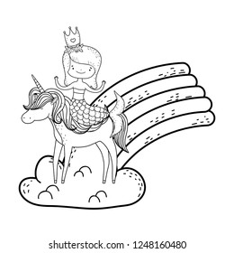mermaid with unicorn and rainbow in clouds