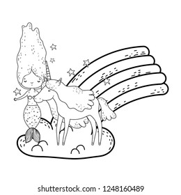 mermaid with unicorn and rainbow in clouds