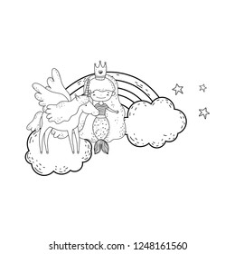 mermaid with unicorn and rainbow in clouds