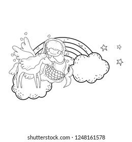 mermaid with unicorn and rainbow in clouds