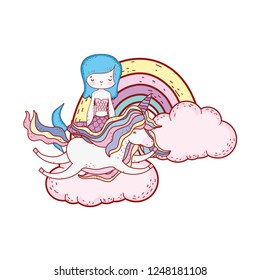 mermaid with unicorn and rainbow in clouds