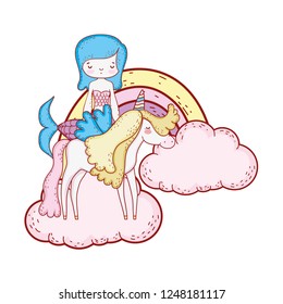 mermaid with unicorn and rainbow in clouds