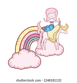 mermaid with unicorn and rainbow in clouds