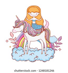 mermaid with unicorn and rainbow in clouds