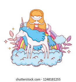 mermaid with unicorn and rainbow in clouds