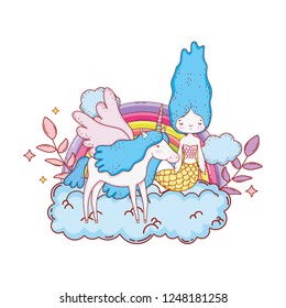 mermaid with unicorn and rainbow in clouds