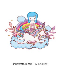 mermaid with unicorn and rainbow in clouds