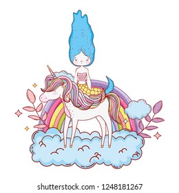 mermaid with unicorn and rainbow in clouds