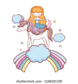 mermaid with unicorn and rainbow in clouds