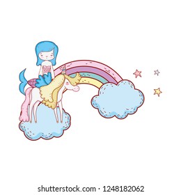 mermaid with unicorn and rainbow in clouds