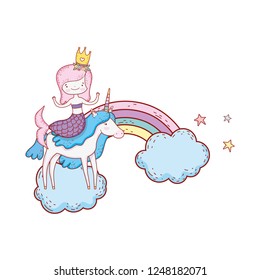 mermaid with unicorn and rainbow in clouds