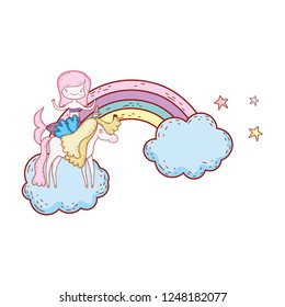 mermaid with unicorn and rainbow in clouds