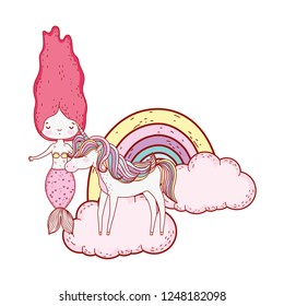 mermaid with unicorn and rainbow in clouds