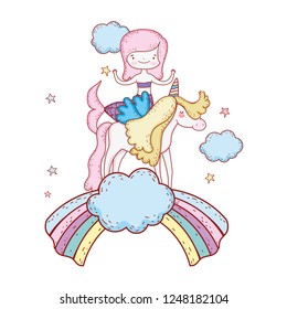 mermaid with unicorn and rainbow in clouds