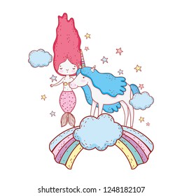 mermaid with unicorn and rainbow in clouds