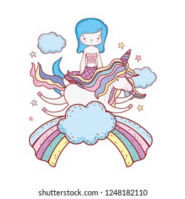 mermaid with unicorn and rainbow in clouds