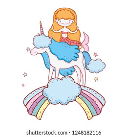 mermaid with unicorn and rainbow in clouds