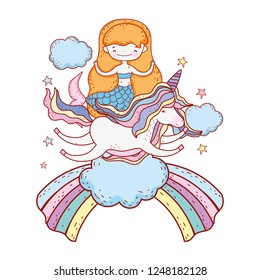 mermaid with unicorn and rainbow in clouds