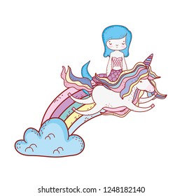 mermaid with unicorn and rainbow in clouds