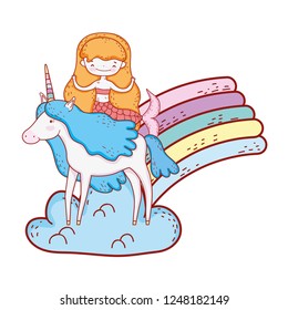 mermaid with unicorn and rainbow in clouds